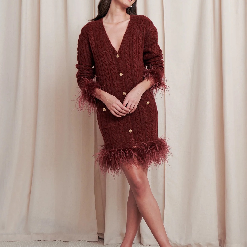 Saylor Burgundy Cable Knit Feather-Trim Cardigan Dress